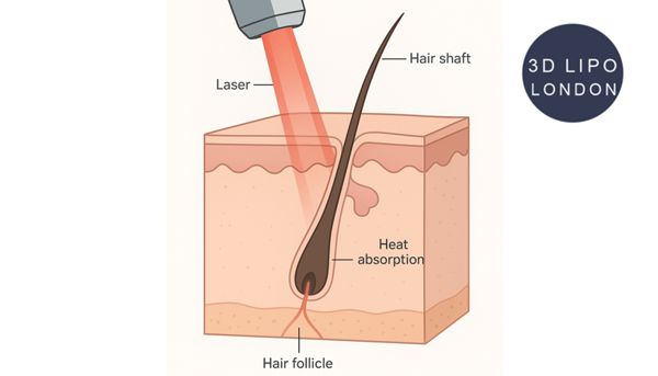 Laser hair removal science diagram showing how laser light targets melanin in hair follicles for permanent reduction