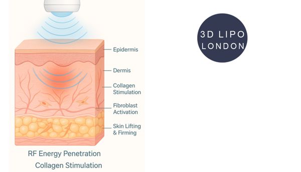 Radio frequency skin tightening technology diagram showing how RF energy stimulates collagen for lifting and firming